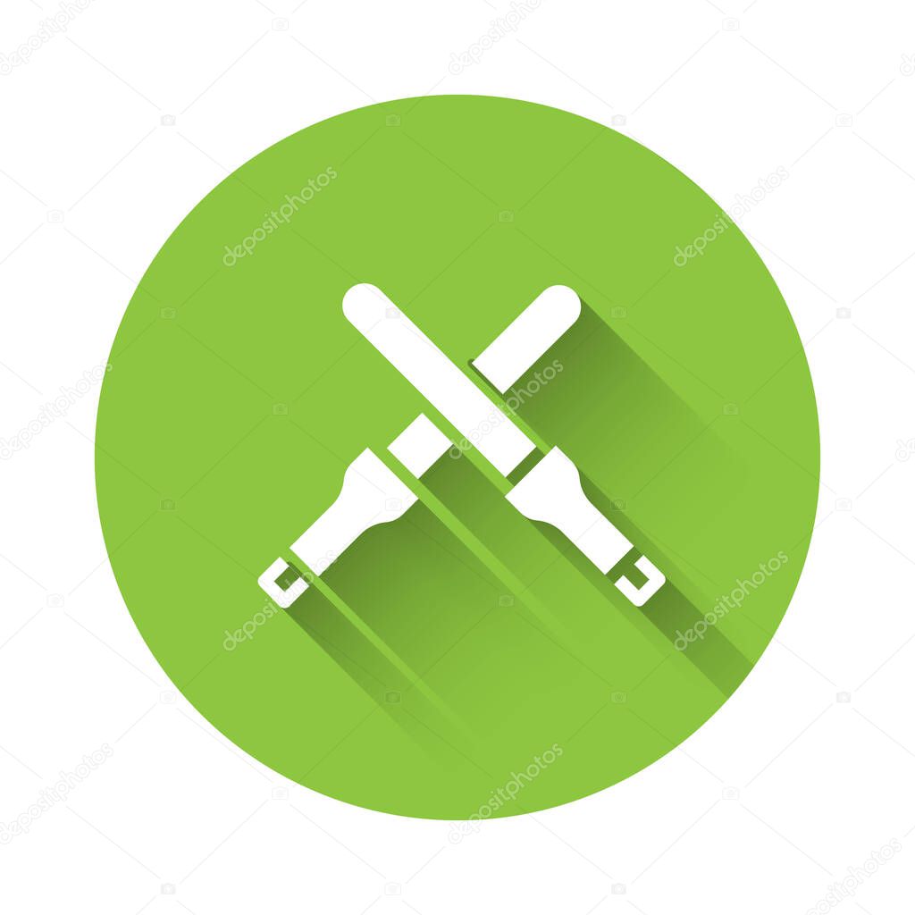 White Marshalling wands for the aircraft icon isolated with long shadow. Marshaller communicated with pilot before and after flight. Green circle button. Vector.