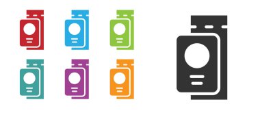 Bilet simgesi beyaz arka planda izole edilmiş siyah pasaport. Kimlik Belgesi. Konsept seyahat ve turizm. Simgeleri renklendirin. Vektör.