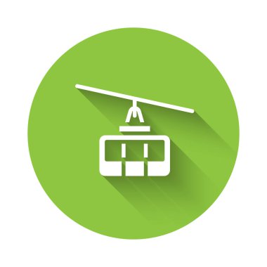 Beyaz Kablo araba simgesi uzun gölgeli izole edildi. Füniküler işaret. Yeşil daire düğmesi. Vektör.