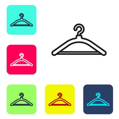 Siyah çizgi elbise askısı ikonu beyaz arka planda izole edildi. Vestiyer ikonu. Kıyafet servis sembolü. Çamaşır askı tabelası. Renkli kare düğmelerle simgeleri ayarla. Vektör İllüstrasyonu.