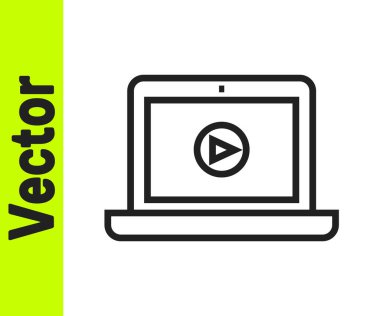 Siyah çizgi çevrimiçi video simgesi beyaz arkaplanda izole edildi. Dizüstü bilgisayar ve oyun işaretli film şeridi. Vektör İllüstrasyonu.