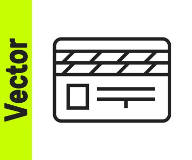 Siyah çizgi film alkışlayıcı simgesi beyaz arkaplanda izole edildi. Film alkışlama tahtası. Alkış tahtası işareti. Sinema yapımı ya da medya endüstrisi. Vektör İllüstrasyonu.