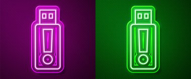 Parlayan neon hattı USB flaş bellek simgesi mor ve yeşil arkaplanda izole edildi. Vektör.