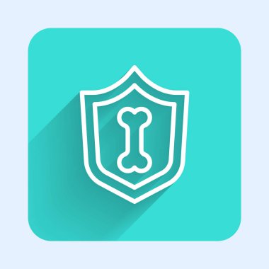 Beyaz çizgi Hayvan Sağlık Sigortası ikonu uzun gölgeli izole edilmiş. Hayvan koruma konsepti. Yeşil kare düğmesi. Vektör.