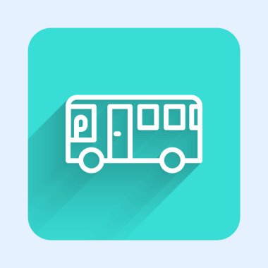 Beyaz çizgi otobüs simgesi uzun gölgeli izole edildi. Ulaşım konsepti. Otobüs turu tabelası. Turizm ya da kamu aracı sembolü. Yeşil kare düğmesi. Vektör.