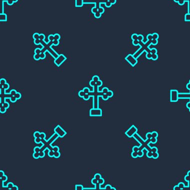 Yeşil çizgi Hıristiyan ikonu mavi arka planda izole edilmiş kusursuz desen. Kilise haçı. Vektör.