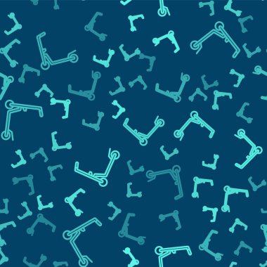 Çocuk simgesi için yeşil çizgili patenli scooter mavi arka planda izole edilmiş. Motoru tekmele ya da dengeli sür. Vektör.