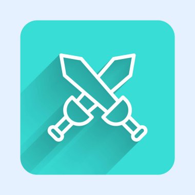 Beyaz çizgi, ortaçağ kılıç simgesini uzun gölgeli izole etti. Ortaçağ silahı. Yeşil kare düğmesi. Vektör.