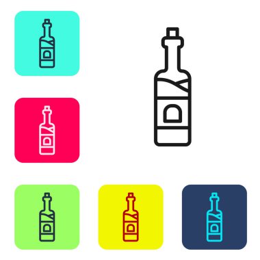 Beyaz arka planda izole edilmiş siyah çizgi şarap ikonu. Renkli kare düğmelerle simgeleri ayarla. Vektör.