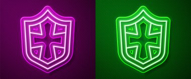 Parlayan neon çizgi simgesi mor ve yeşil arkaplanda izole edildi. Gardiyan. Güvenlik, güvenlik, koruma, gizlilik kavramı. Vektör.