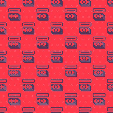 Mavi Hat ATM - Otomatik veznedar ve para ikonu kırmızı arka planda izole edilmiş pürüzsüz desen. Vektör.