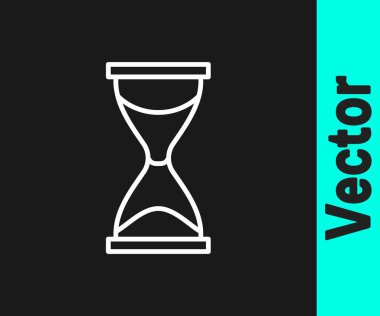 Beyaz çizgi. Siyah zemin üzerinde kum ikonu olan eski kum saati. Kum saati işareti. İş ve zaman yönetimi kavramı. Vektör.