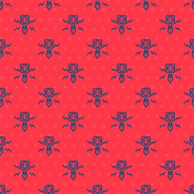 Mavi hat elektrik prizini elektrik kıvılcımına bağlıyor. Kırmızı arkaplanda izole edilmiş pürüzsüz desen var. Vektör.