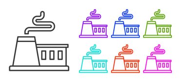 Siyah çizgi fabrikası simgesi beyaz arkaplanda izole edildi. Endüstriyel bina. Simgeleri renklendirin. Vektör.