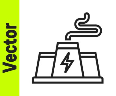 Siyah hat elektrik santrali ve fabrika ikonu beyaz arka planda izole edildi. Enerji endüstrisi konsepti. Vektör.