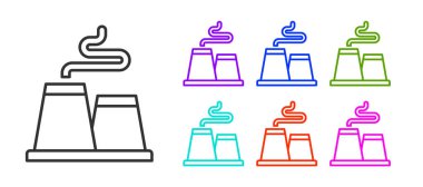 Siyah çizgi fabrikası simgesi beyaz arkaplanda izole edildi. Endüstriyel bina. Simgeleri renklendirin. Vektör.