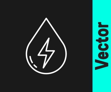 Beyaz çizgi Su Enerji ikonu siyah arkaplanda izole edildi. Su damlacıklarıyla ekoloji kavramı. Alternatif enerji kavramı. Vektör.