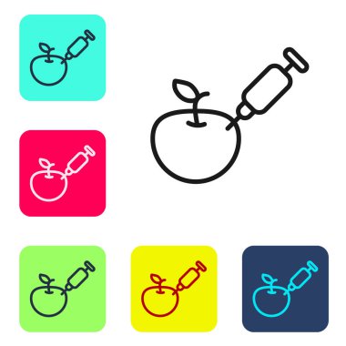 Siyah çizgi, beyaz zemin üzerinde genetik olarak değiştirilmiş elma simgesi izole edilmiş. GDO meyvesi. Elmaya şırınga enjekte ediliyor. Renkli kare düğmelerle simgeleri ayarla. Vektör.