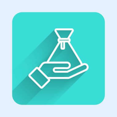 Beyaz çizgi rüşvet para çantası ikonu uzun gölgeli izole. Para birimi. Yeşil kare düğmesi. Vektör.