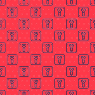 Demiryolu ikonunun mavi hattı kırmızı zeminde izole edilmiş pürüzsüz desen. Onarım işe yarıyor. Tadilat işi. İmza ve bariyer. Vektör.