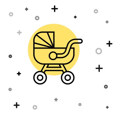 Siyah çizgi bebek arabası simgesi beyaz arkaplanda izole edildi. Bebek arabası, at arabası, bebek arabası, bebek arabası, tekerlek. Rastgele dinamik şekiller. Vektör.