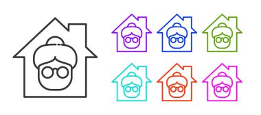 Siyah çizgi huzurevi ikonu beyaz arka planda izole edilmiş. Yaşlı ve hasta insanlar için sağlık hizmeti. Emekli insanlar için merkez. Simgeleri renklendirin. Vektör.