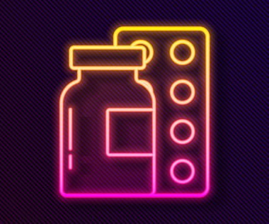 Parlayan neon çizgisi hapları siyah arka planda izole edilmiş. İlaç paketi. Tablet, vitamin, antibiyotik, aspirin. Vektör.