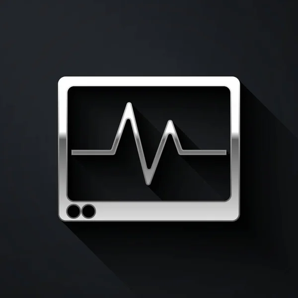 银色计算机显示器 带有心电图图标 隔离在黑色背景上 监控图标 心电图显示器与心脏跳动手绘 长影子风格 — 图库矢量图片
