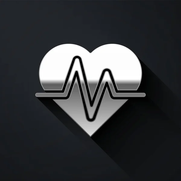 Icono Ritmo Cardíaco Plateado Aislado Sobre Fondo Negro Signo Latido — Vector de stock