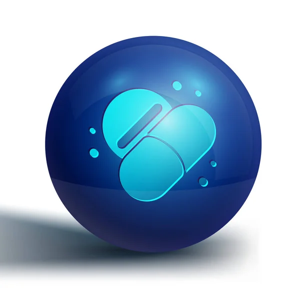 白い背景に隔離された青い薬の丸薬かタブレットのアイコン カプセル薬と薬のサイン 薬局の設計 青い丸ボタン ベクトル — ストックベクタ
