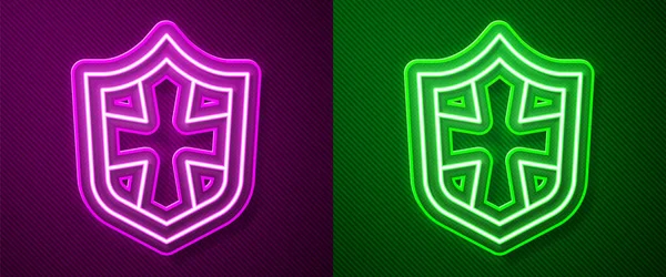 Иконка Светящейся Неоновой Линии Щит Выделена Фиолетовом Зеленом Фоне Знак — стоковый вектор
