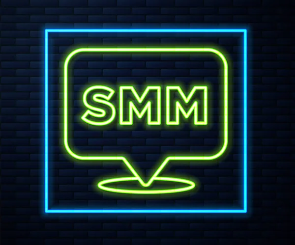 Glowing Neon Line Smm Icon Isolated Brick Wall Background Pemasaran - Stok Vektor