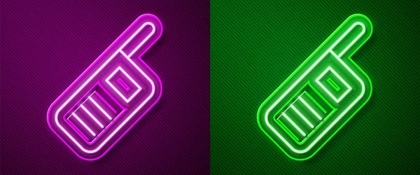 Zářící Neonová Čára Ikona Vysílačky Izolovaná Fialovém Zeleném Pozadí Přenosná — Stockový vektor