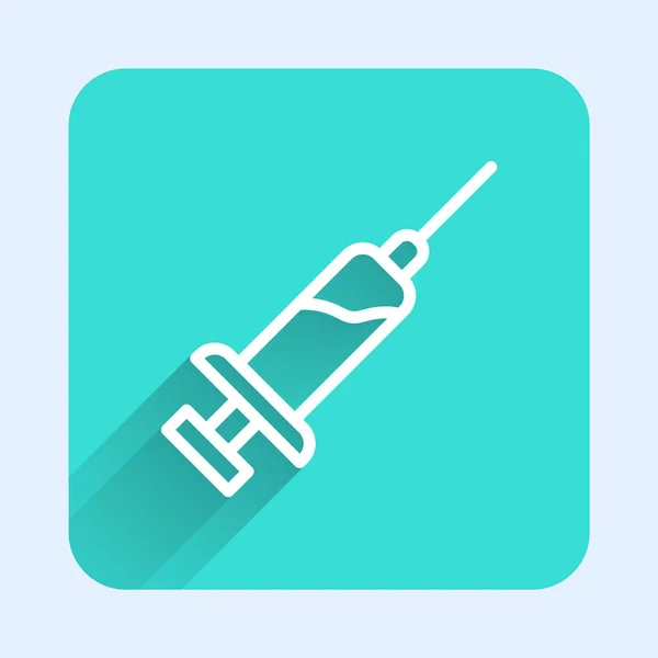 白线注射器与血清图标分离与长影 疫苗注射器 注射器 流感疫苗 医疗设备 绿色正方形按钮 — 图库矢量图片