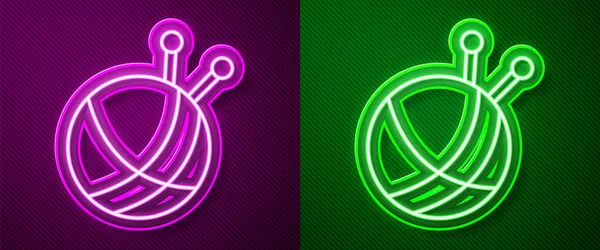 Glowing Neon Line Yarn Ball Knitting Needles Icon Isolated Purple — Stock Vector