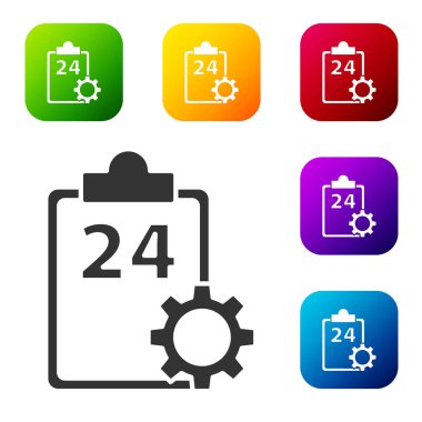 Beyaz arkaplanda 24 saatlik servis simgesine sahip Kara Liste panosu. Renkli kare düğmelerle simgeleri ayarla. Vektör İllüstrasyonu.