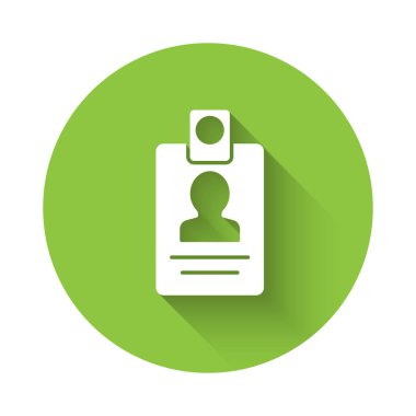 Beyaz kimlik kartı simgesi uzun gölgeyle izole edildi. Sunum için, şirketin kimliği için, reklam için kullanılabilir. Yeşil daire düğmesi. Vektör.