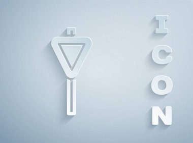 Kağıt kesiği trafik levhası. Gri arkaplanda sinyal simgesi izole edildi. İşaretçi sembolü. Sokak bilgi tabelası. Yön tabelası. Kağıt sanatı tarzı. Vektör.