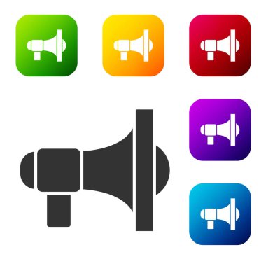 Beyaz arkaplanda siyah megafon simgesi izole edildi. Sözcü işareti. Renkli kare düğmelerle simgeleri ayarla. Vektör.