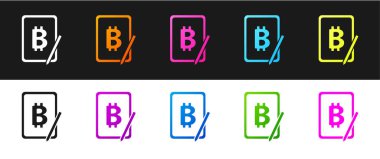 Madencilik bitcoin 'ini siyah ve beyaz arkaplanda izole edilmiş grafik tablet simgesinden ayarla. Kripto para birimi madenciliği, engelleme zinciri teknoloji servisi. Vektör.