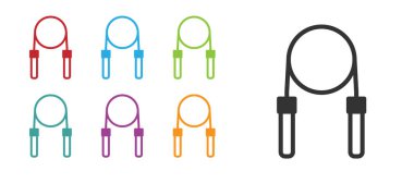 Beyaz arkaplanda siyah atlama ipi simgesi izole edildi. İp atlıyorum. Spor malzemeleri. Simgeleri renklendirin. Vektör.