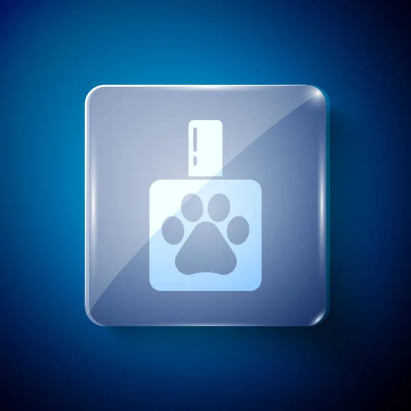 青の背景に隔離された白いペットのシャンプーアイコン ペットケアサイン 犬のクリーニングシンボル 正方形のガラスパネル ベクトル — ストックベクタ