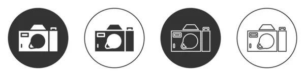 Černá Ikona Fotoaparátu Izolované Bílém Pozadí Ikona Fotoaparátu Kruhové Tlačítko — Stockový vektor