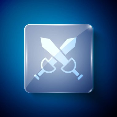 Mavi arka planda beyaz haçlı ortaçağ kılıç ikonu izole edildi. Ortaçağ silahı. Kare cam paneller. Vektör.