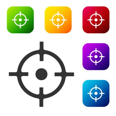Siyah Hedef spor simgesi beyaz arkaplanda izole edildi. Atış mesafesi ya da atış mesafesi için sayıları olan temiz bir hedef. Renkli kare düğmelerle simgeleri ayarla. Vektör.
