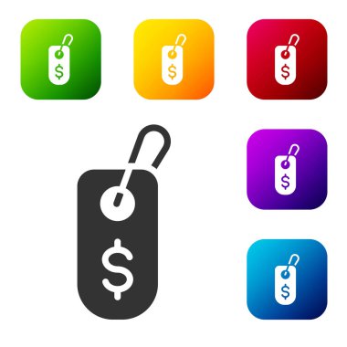 Beyaz arka planda dolar simgesi olan Siyah Fiyat etiketi. Rozet fiyatına. Dolar sembollü indirim. Reklam etiketi indirimi. Renkli kare düğmelerle simgeleri ayarla. Vektör.