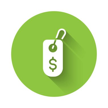 Dolar simgesi ile uzun gölgeli Beyaz Fiyat etiketi. Rozet fiyatına. Dolar sembollü indirim. Reklam etiketi indirimi. Yeşil daire düğmesi. Vektör.