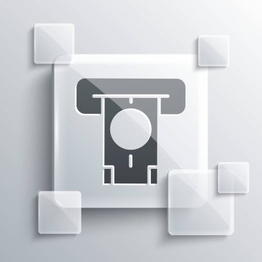 Gri ATM - Otomatik veznedar ve para ikonu gri arka planda izole edildi. Kare cam paneller. Vektör.