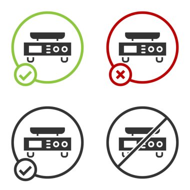 Siyah Elektronik ölçek simgesi beyaz arkaplanda izole edildi. Ağırlık ölçüm aletleri. Çember düğmesi. Vektör.