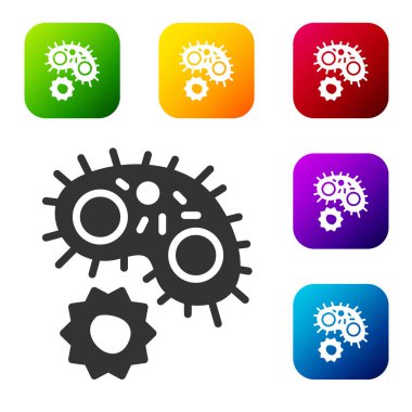 Beyaz arkaplanda siyah virüs simgesi izole edildi. Corona virüsü 2019-nCoV. Bakteri ve mikroplar, hücre kanseri, mikrop, mantar. Renkli kare düğmelerle simgeleri ayarla. Vektör.